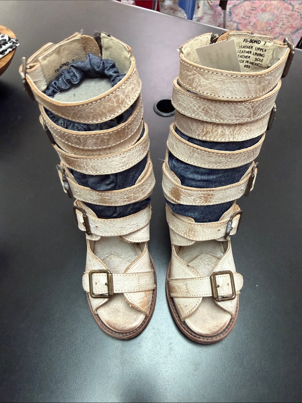 freebird Cream Strappy Buckle Open-Toe Heeled Boots with Denim Inset - Picture 4 of 15